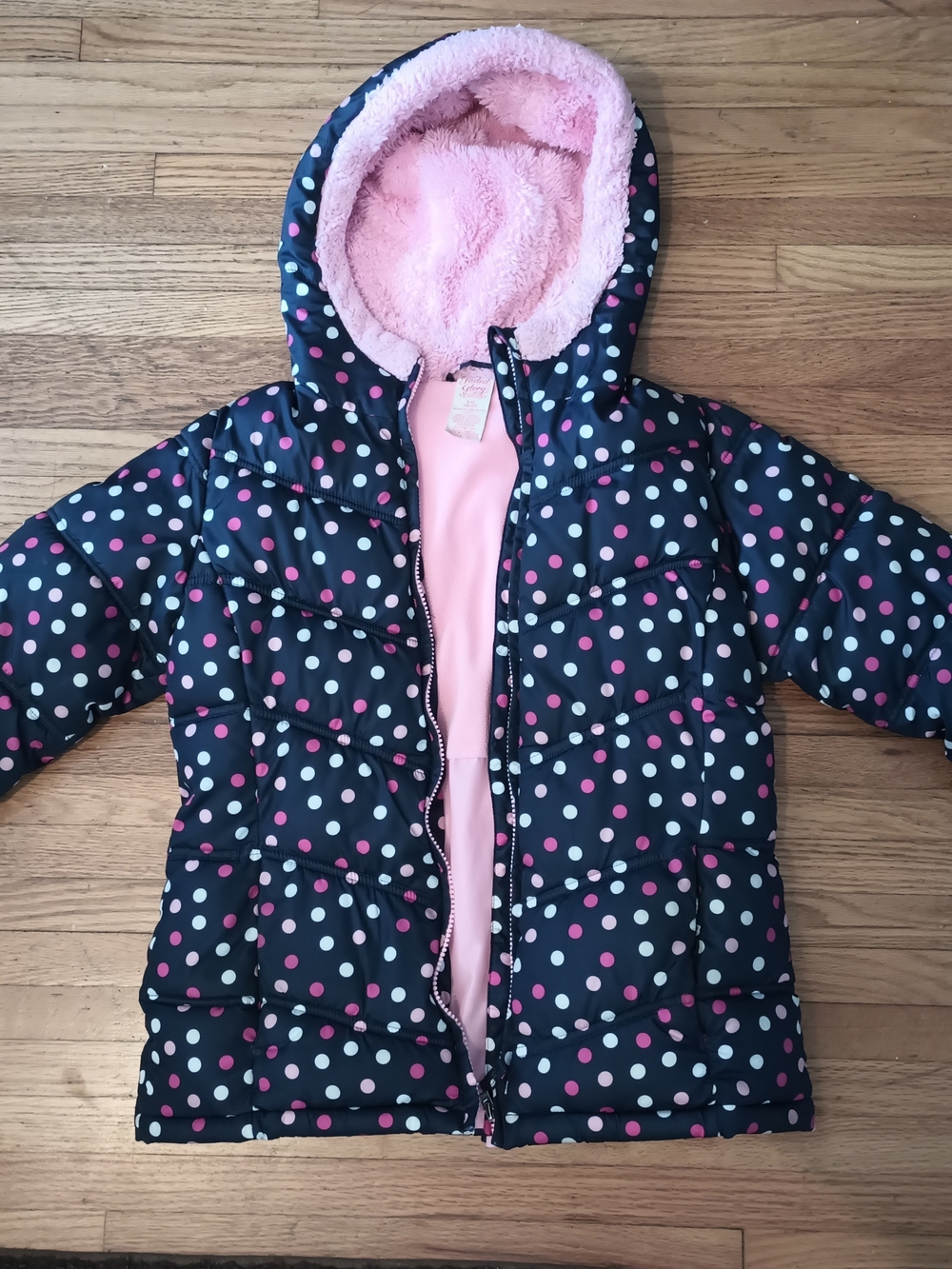 Kids Navy with Pink & White Polka Dot Puffer Jacket with Pink Lining